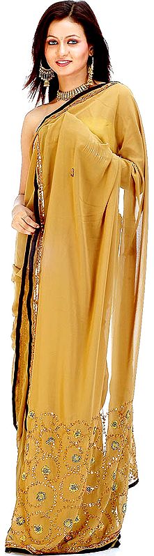 Light Sepia Sari with Sequins and Threadwork