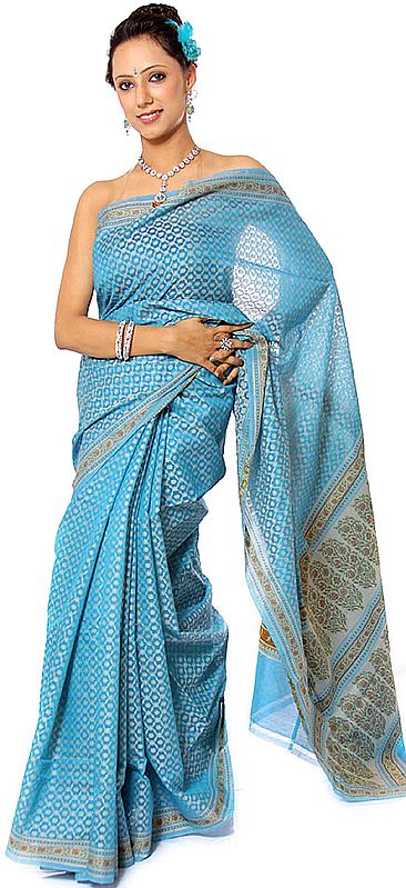 Light-Blue Banarasi Sari with All-Over Jaal Weave