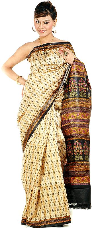 Light-Brown Block-Printed Designer Sari from Kolkata