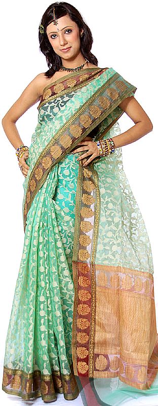 Light-Green Banarasi Sari with All-Over Jaal Weave