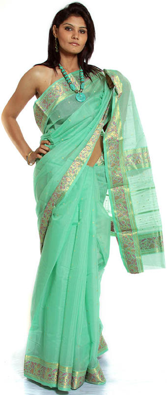 Light-Green Chanderi Sari with Golden Bootis and Brocaded Border