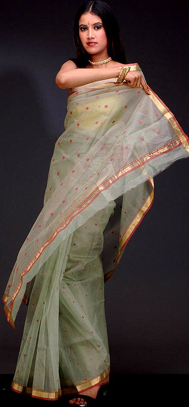 Light-Green Chanderi Sari with Red Bootis and Checks