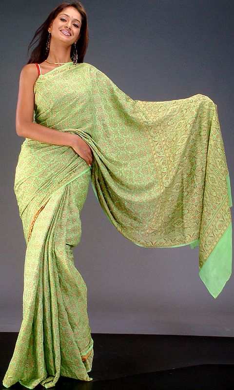 Light-Green Chiffon Sari with All-Over Weave