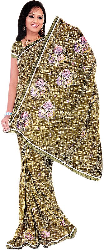 Light-Green Sari with Printed Polka Dots and Embroidered Flowers