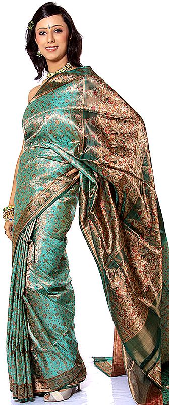 Light-Green Satin Tanchoi Sari with All-Over Brocaded Flowers