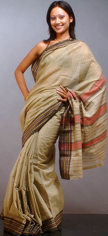 Light-Olive Narayanpet Sari with Pin-Stripes