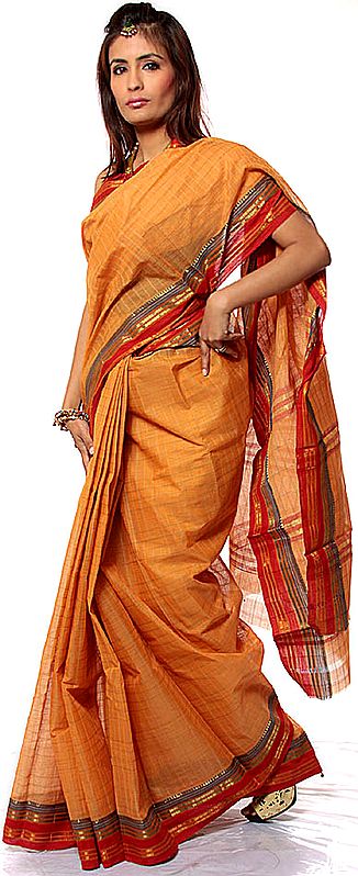 Light-Orange Narayanpet Sari with Woven Checks