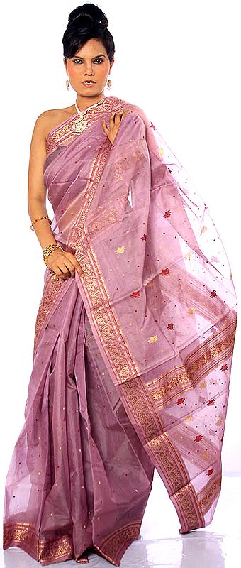 Lilac Chanderi Sari with Golden Bootis and Brocaded Border