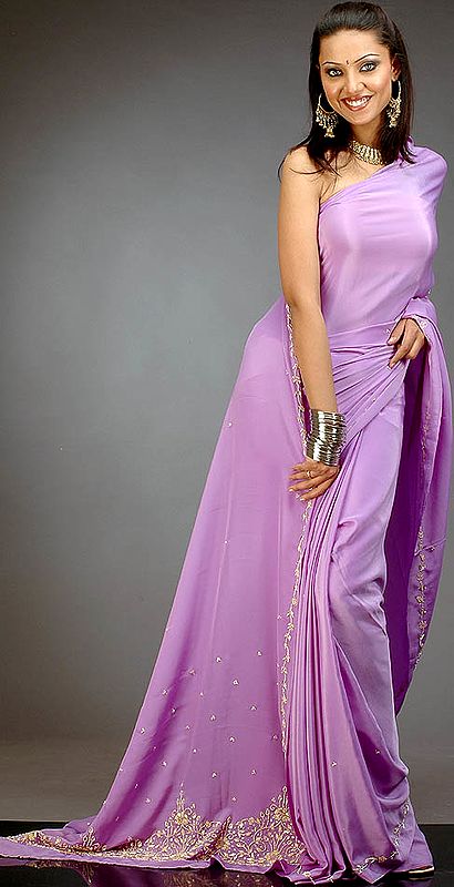 Lilac Sari with Beads and Kundan Work