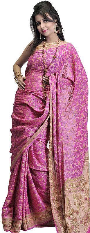 Lilac-Pink Banarasi Handloom Sari with All-Over Woven Flowers
