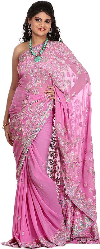 Lilac-Pink Sari with Lukhnavi Chikan Embroidered Paisleys by Hand