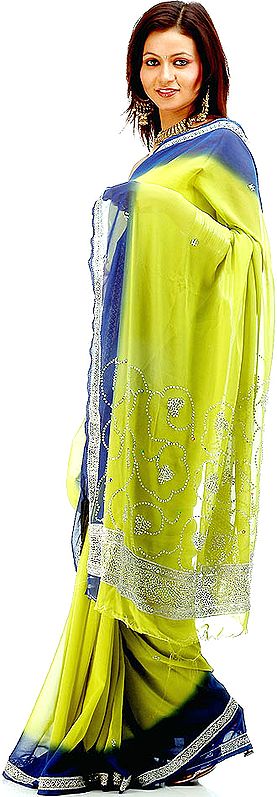 Lime and Blue Sari with Sequins and Threadwork