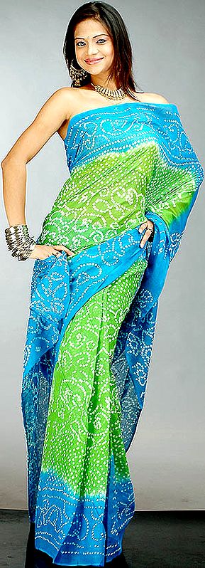 Lime and Turquoise Gujarati Bandhani Sari