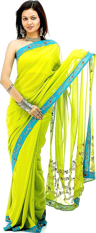 Lime and Turquoise Sari with Sequins and Threadwork
