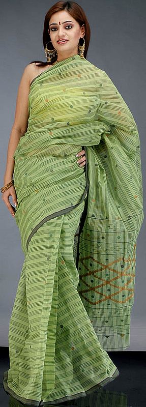 Lime Cotton Sari with Dhakai Weave