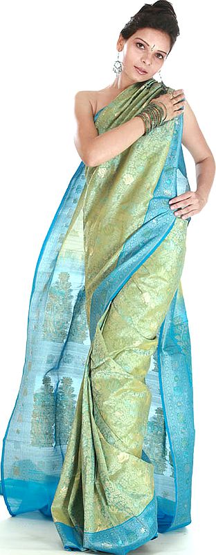 Lime Green and Azure Blue Densely Woven Jamdani Floral Sari
