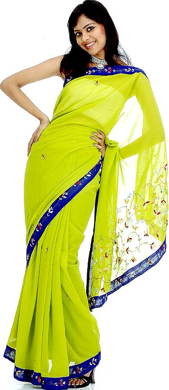 Lime Green and Blue Sari with Sequins and Threadwork
