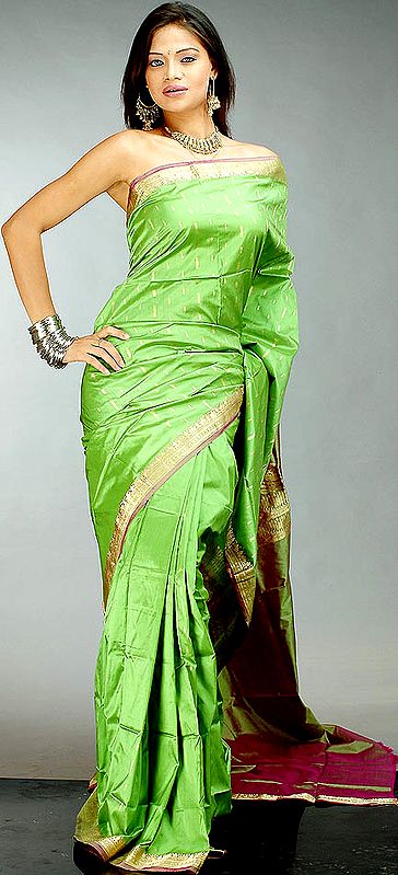 Lime Green Handwoven Bangalore Silk Sari with Golden Bootis
