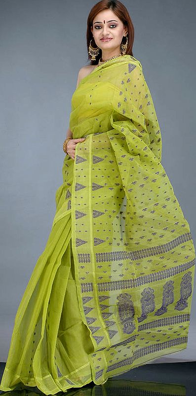 Lime Green Handwoven Dhakai Sari with Blue Threadwork