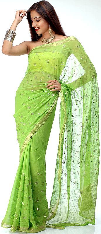 Lime Green Sari from Gujarat with Golden Thread Work and Kundans
