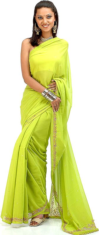 Lime Green Sari with Threadwork on Border