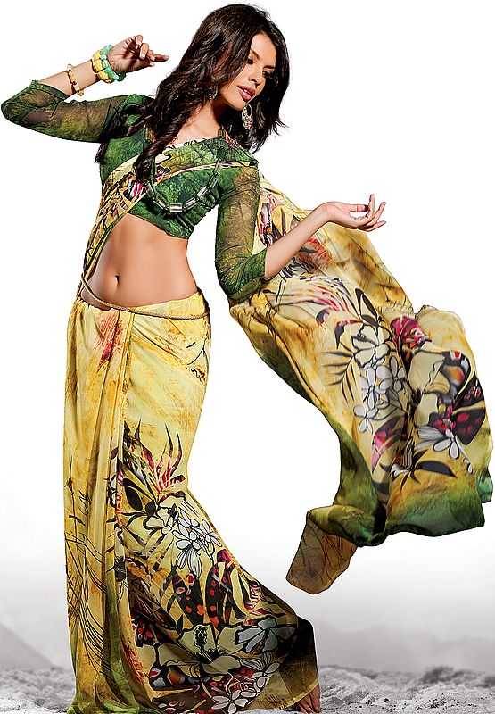 Lime Punch Sari with Large Printed Flowers and Leaves