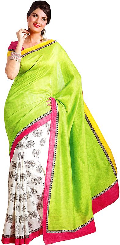 Lime-Green and Ivory Sari with Printed Elephants