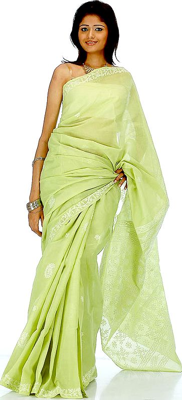 Lime-Green Lukhnavi Chikan Sari with Paisleys