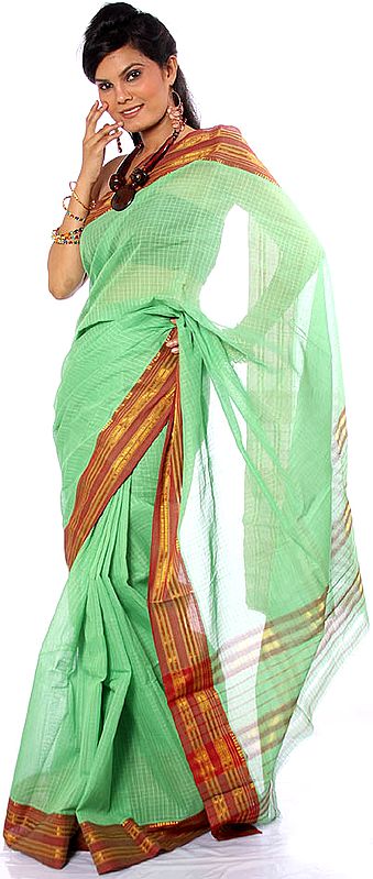 Lime-Green Narayanpet Sari with Fine Checks