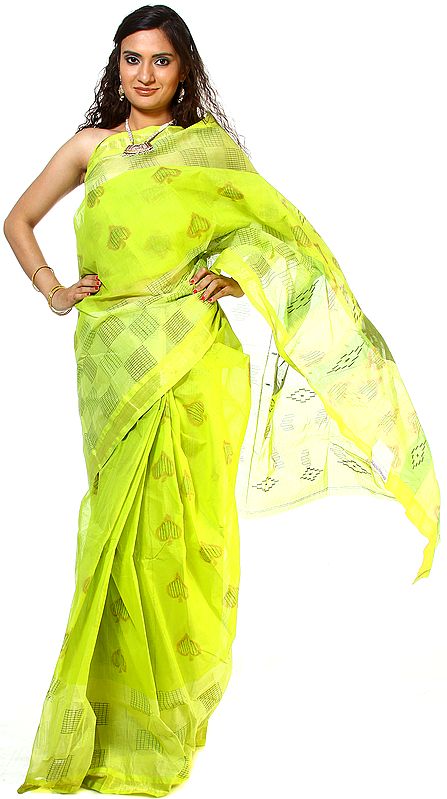 Lime-Green Tengail Sari from Bengal with Woven Bootis