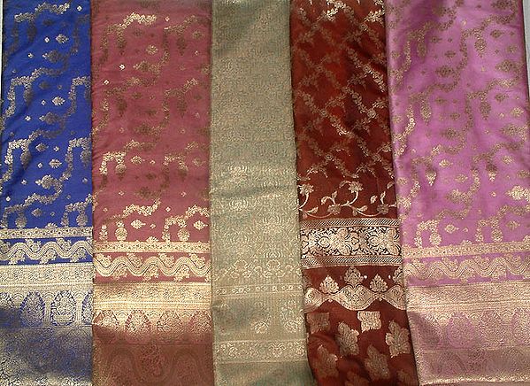 Lot of Five Banarasi Saris with All-Over Jacquard Weave