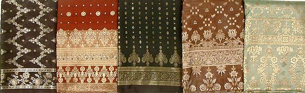Lot of Five Banarasi Saris with All-Over Thread Weave