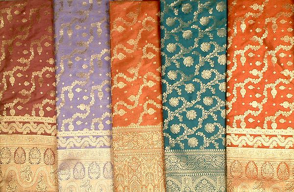 Lot of Five Banarasi Saris with Jaal Weave