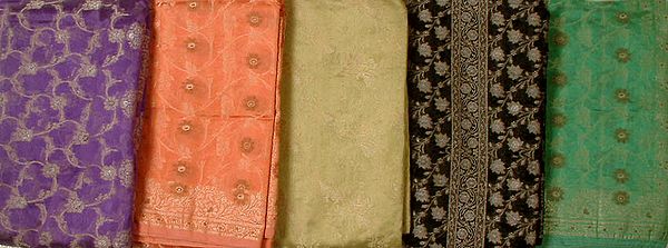 Lot of Five Banarasi Saris with Jacquard Weave