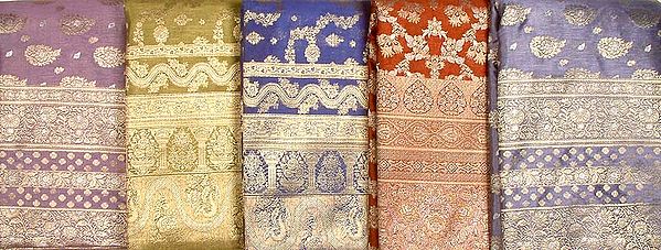 Lot of Five Banarasi Saris with Jacquard Weave