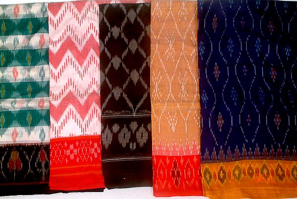 Lot of Five Handwoven Ikat Saris from Pochampally