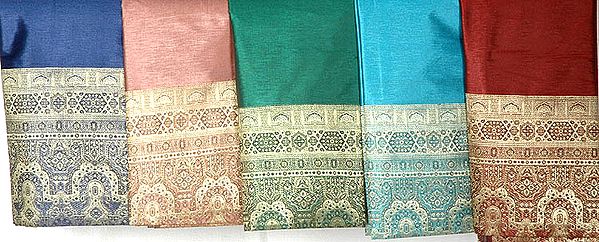 Lot of Five Plain Banarasi Saris with Weave on Border and Pallu