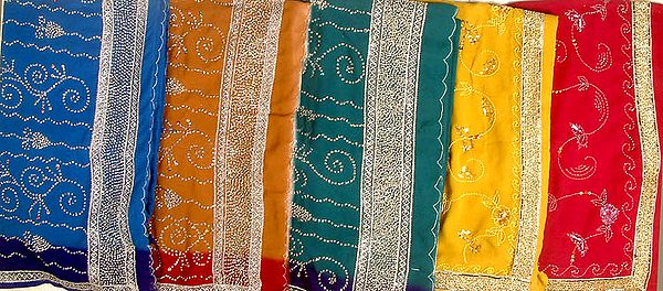 Lot of Five Saris with Beads and Gota Border