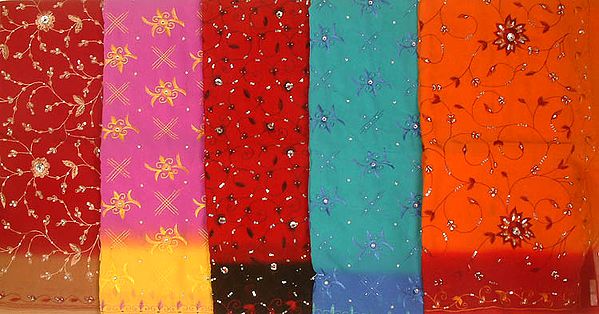 Lot of Five Saris with Beads and Threadwork