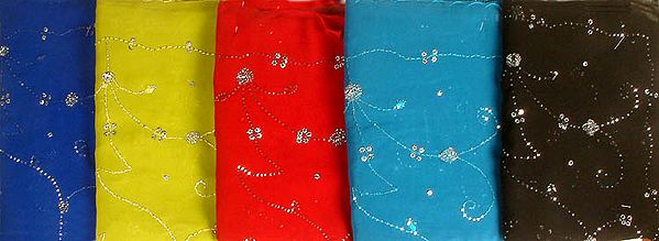 Lot of Five Saris with Embroidery and Sequins