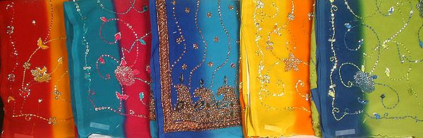 Lot of Five Saris with Sequins and Threadwork