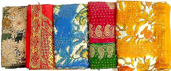 Lot of Five Saris with Sequins and Threadwork