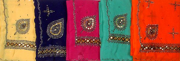 Lot of Five Sequined Saris with Thread Work and Beads