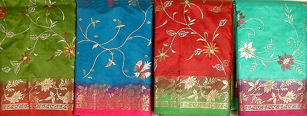 Lot of Four  Banarasi Saris with Floral Embroidery