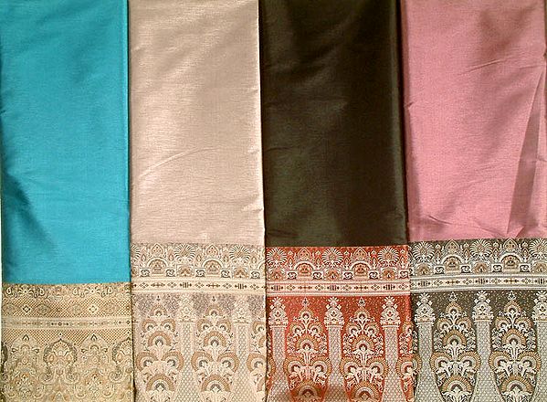 Lot of Four Plain Banarasi Saris with Weave on Border and Pallu