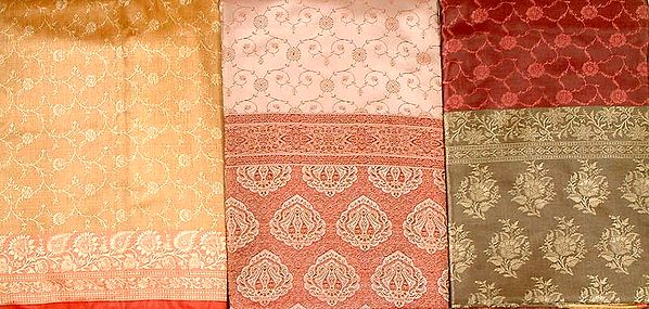 Lot of Three Banarasi Saris with All-Over Tanchoi Weave