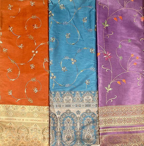 Lot of Three Banarasi Saris with Weave on Border and Pallu and All-Over Embroidery