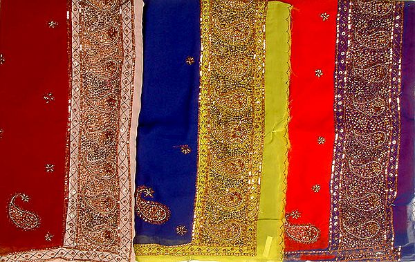 Lot of Three Double-Colored Saris with Beads and Sequins