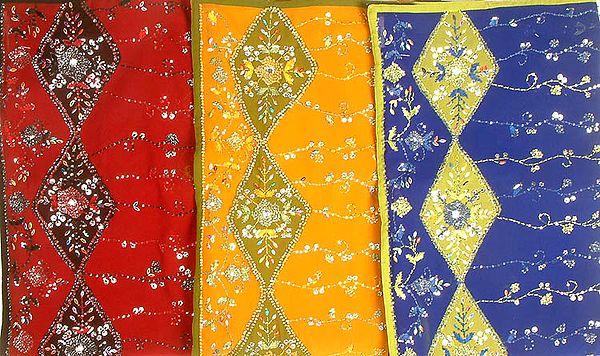 Lot of Three Double-Colored Saris with Sequins and Beads