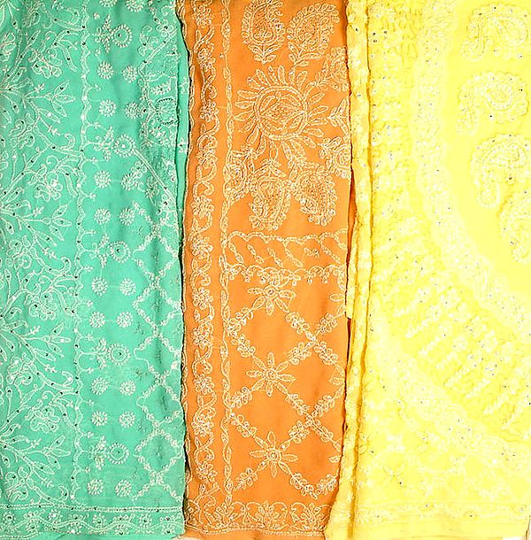 Lot of Three Lukhnavi Chikan Saris with Sequins
